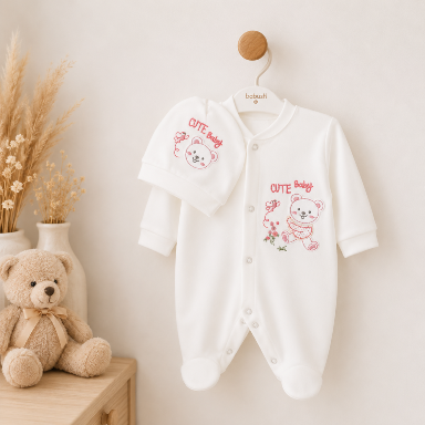 Cotton Baby Romper & Hat Set – Cute Baby Teddy Bear Footed Outfit