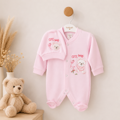 Cotton Baby Romper & Hat Set – Cute Baby Teddy Bear Footed Outfit