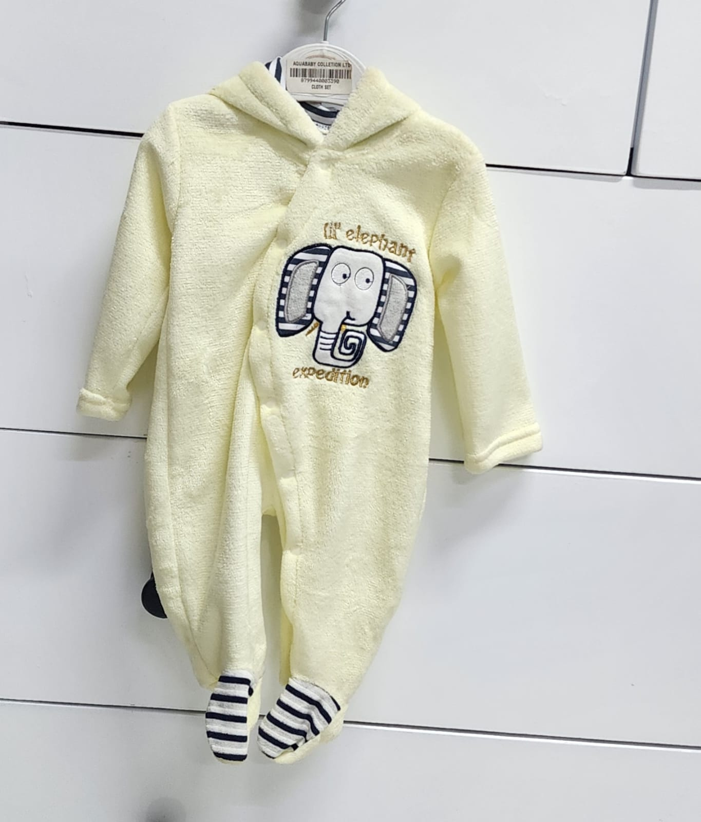 Hooded Baby Fleece Romper 9–12M – Warm Elephant Expedition Onesie