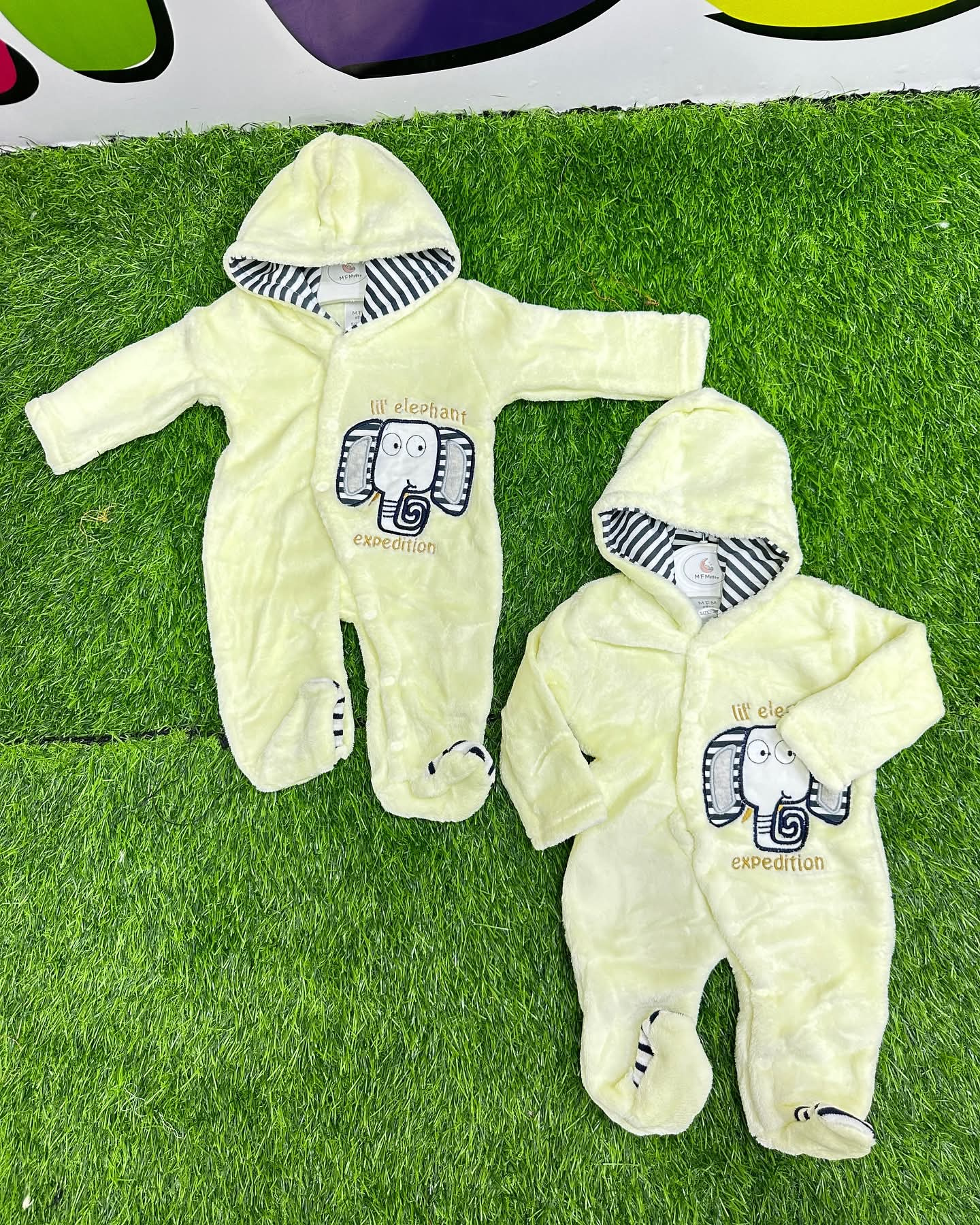 Hooded Baby Fleece Romper 9–12M – Warm Elephant Expedition Onesie
