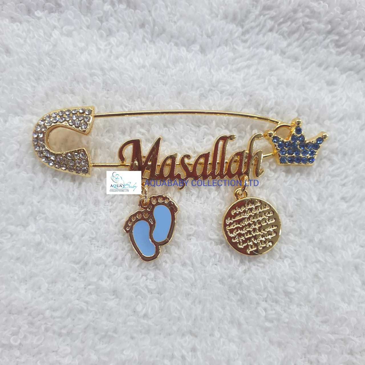 Gold Baby Brooch with Inscribed Charms – Elegant Baby Jewelry Accessory