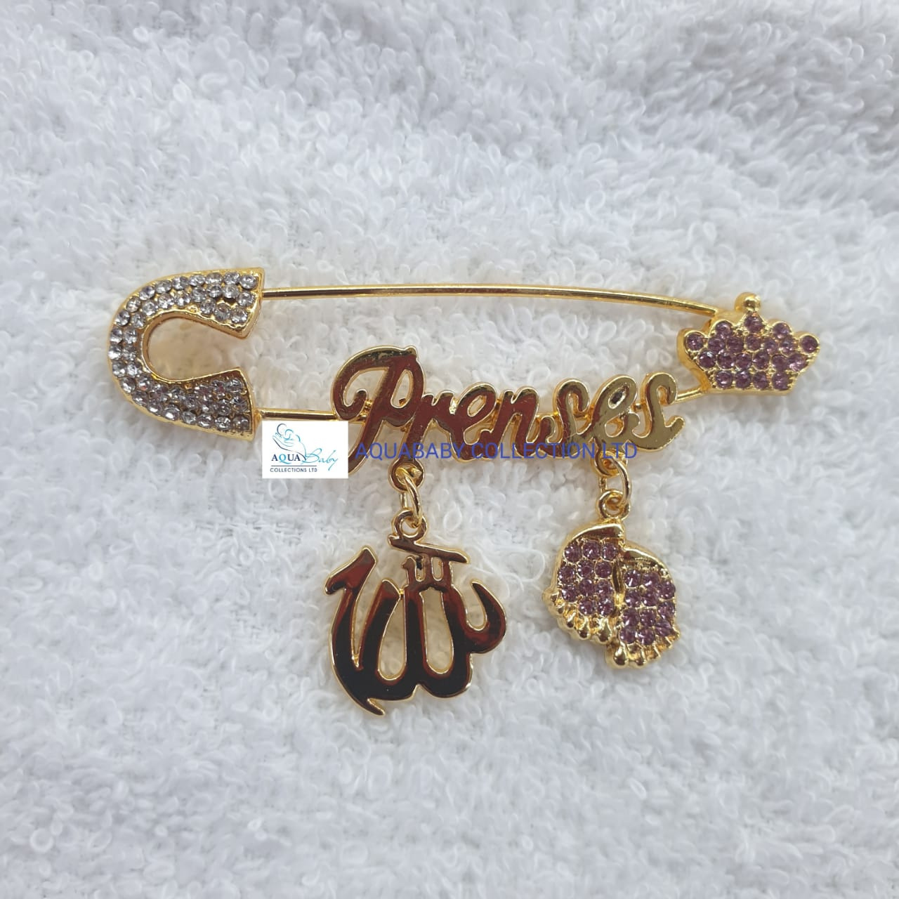 Gold Baby Brooch with Inscribed Charms – Elegant Baby Jewelry Accessory
