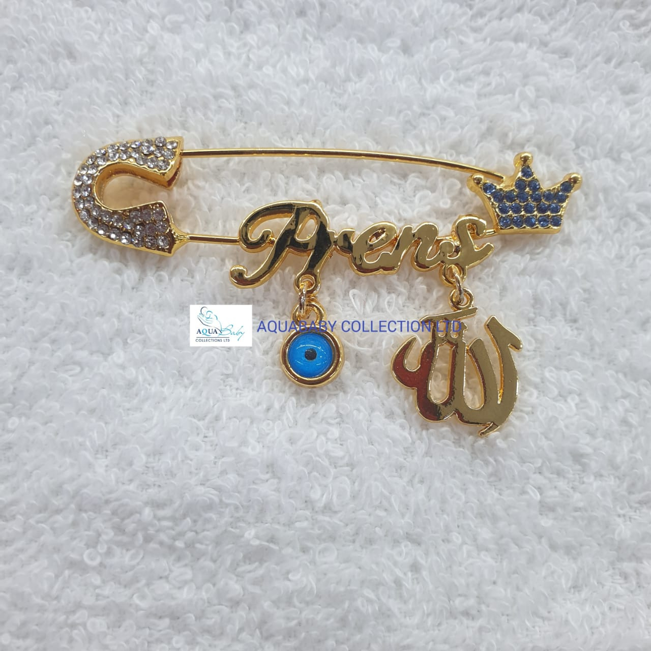 Gold Baby Brooch with Inscribed Charms – Elegant Baby Jewelry Accessory
