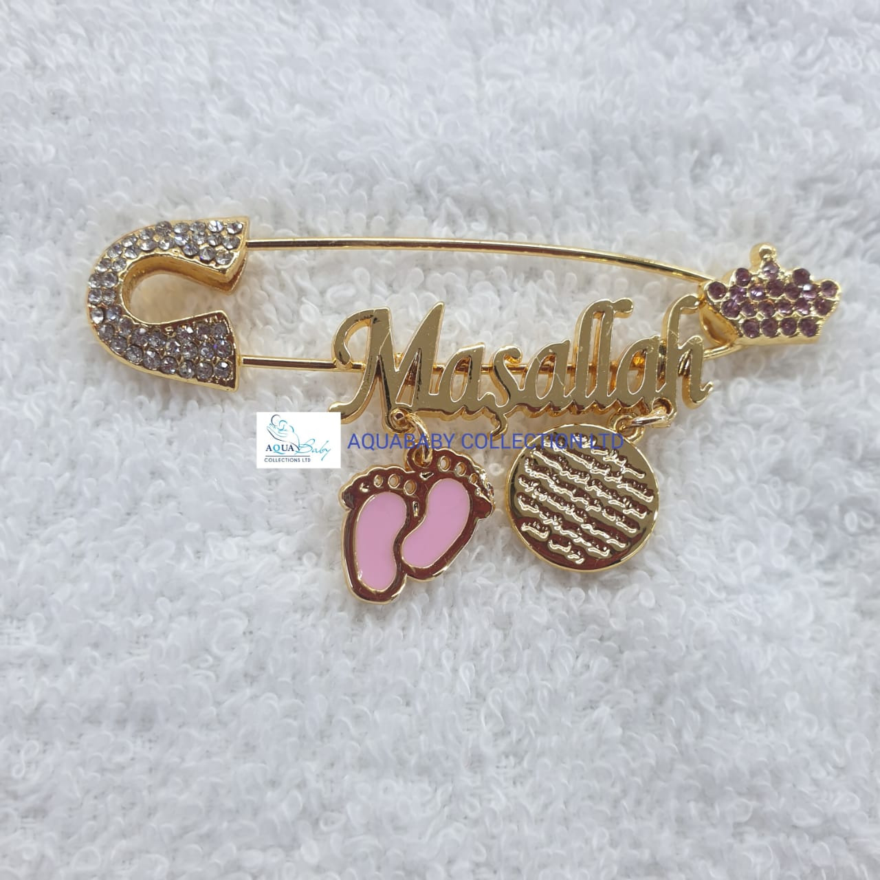 Gold Baby Brooch with Inscribed Charms – Elegant Baby Jewelry Accessory
