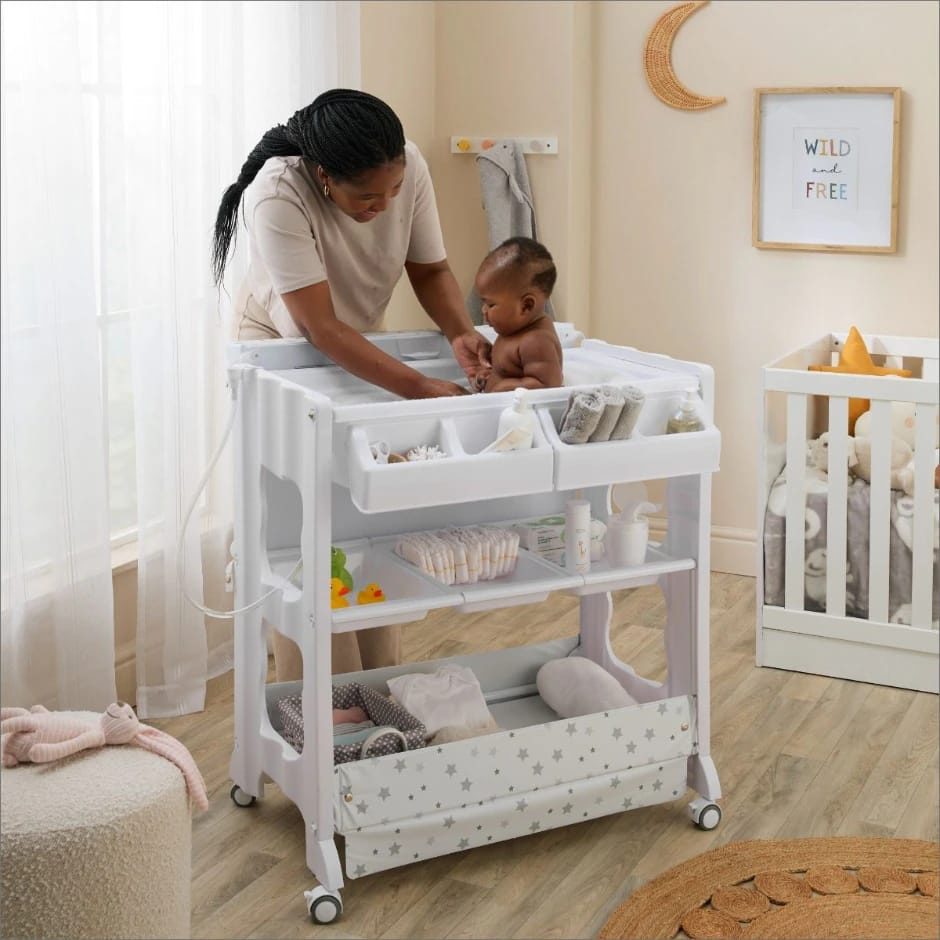 2-in-1 & 3-in-1 Baby Bathing and Changing Station with Storage & Wheels