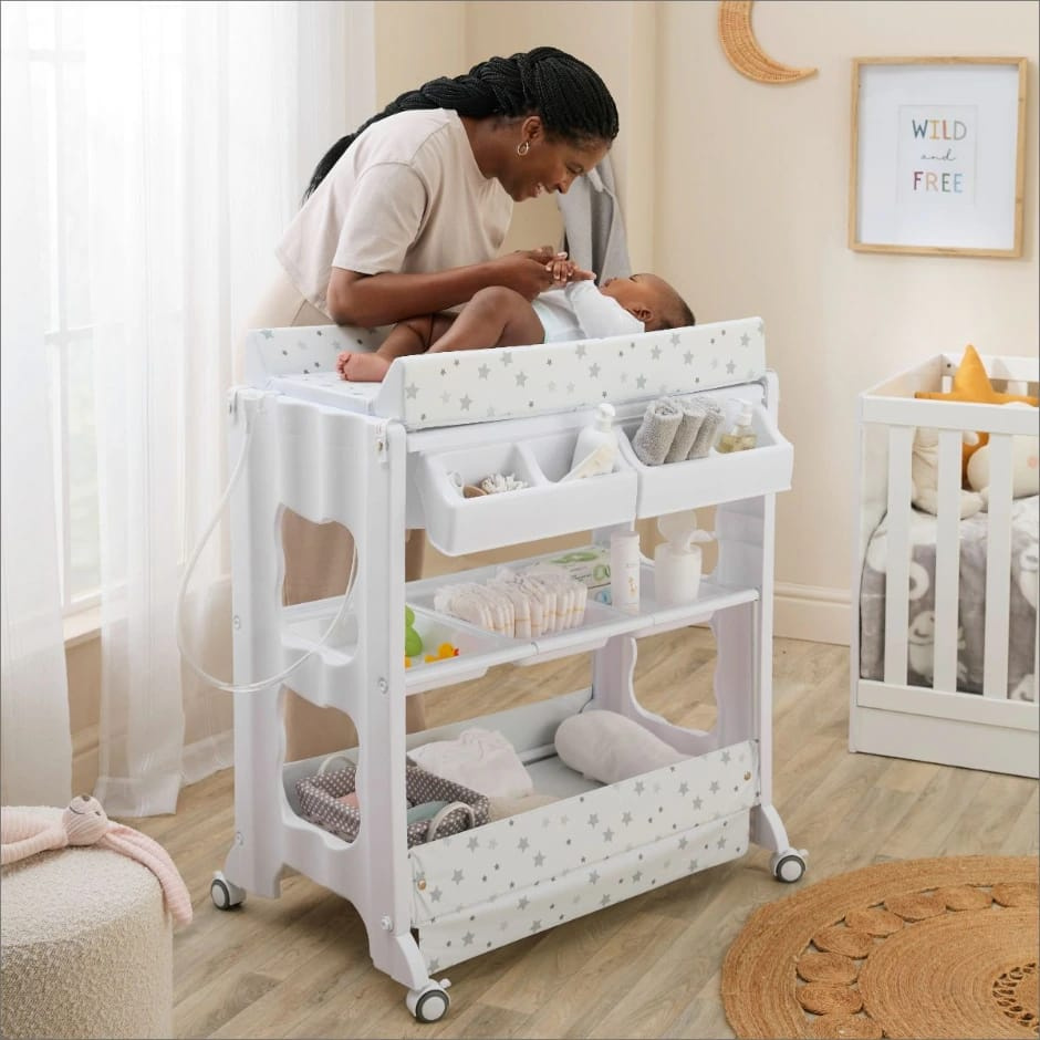 2-in-1 & 3-in-1 Baby Bathing and Changing Station with Storage & Wheels