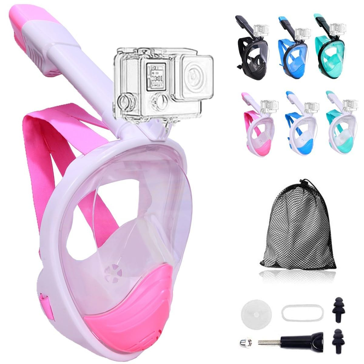 WSOBUE Full Face Snorkeling Mask Set Pink with 180° Panoramic View | Aqua Baby Collection
