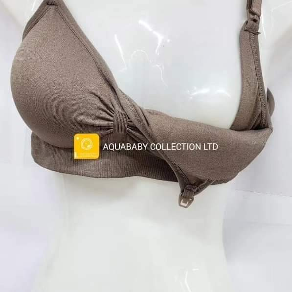 Brown Ribbed Maternity Nursing Bra (Medium) – Seamless Wire-Free Breastfeeding Bra with Removable Padding