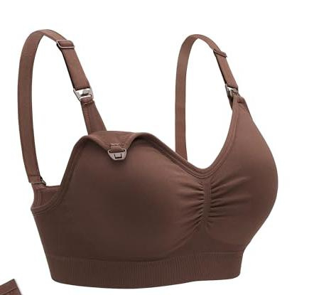 Brown Ribbed Maternity Nursing Bra (Medium) – Seamless Wire-Free Breastfeeding Bra with Removable Padding