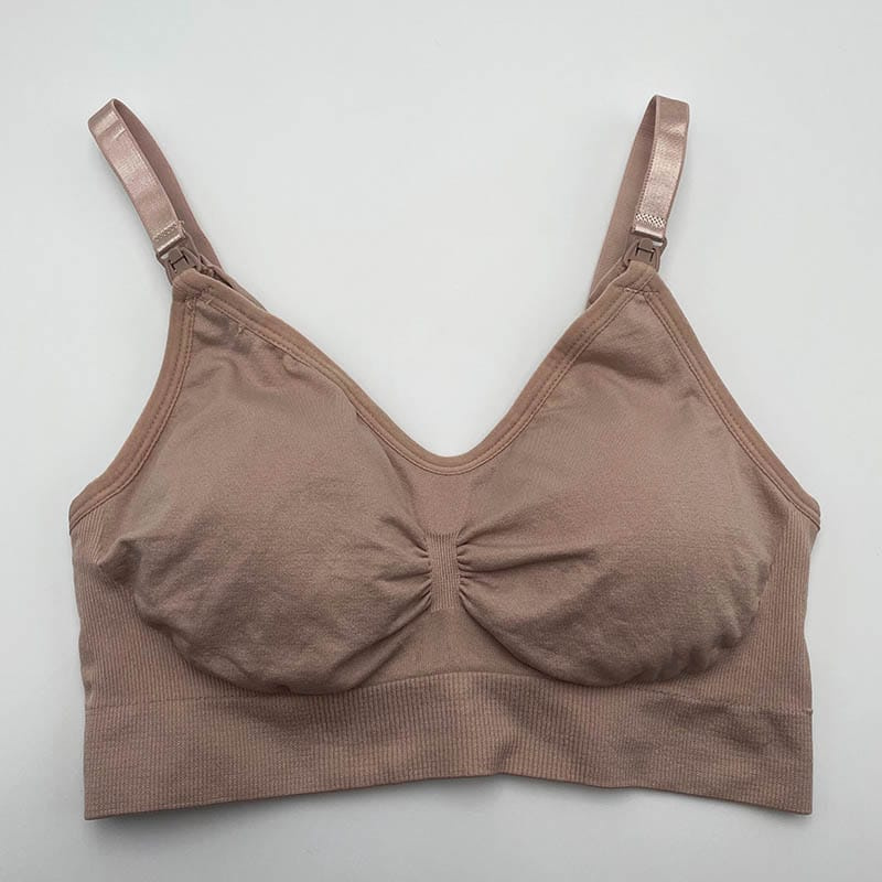 Brown Ribbed Maternity Nursing Bra (Medium) – Seamless Wire-Free Breastfeeding Bra with Removable Padding