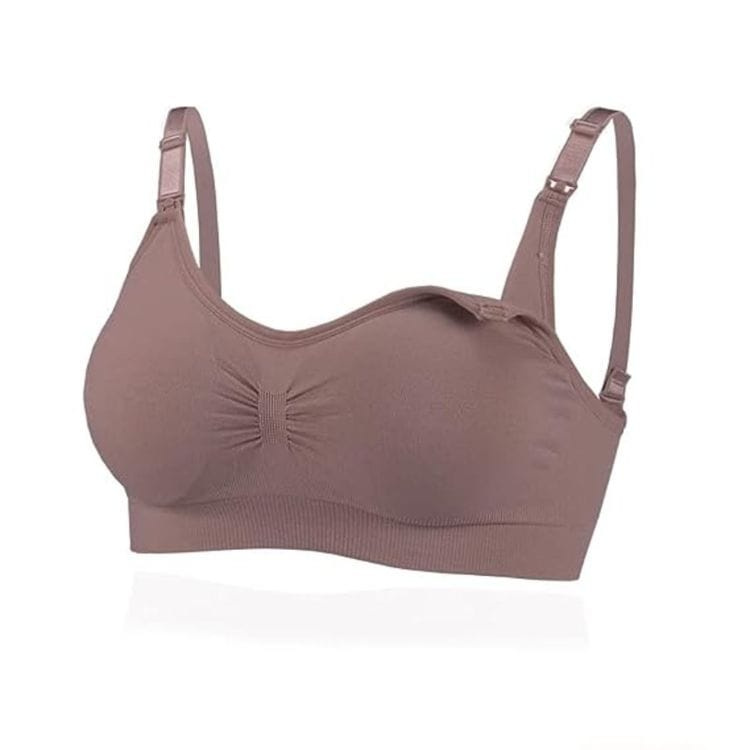 Brown Ribbed Maternity Nursing Bra (Medium) – Seamless Wire-Free Breastfeeding Bra with Removable Padding