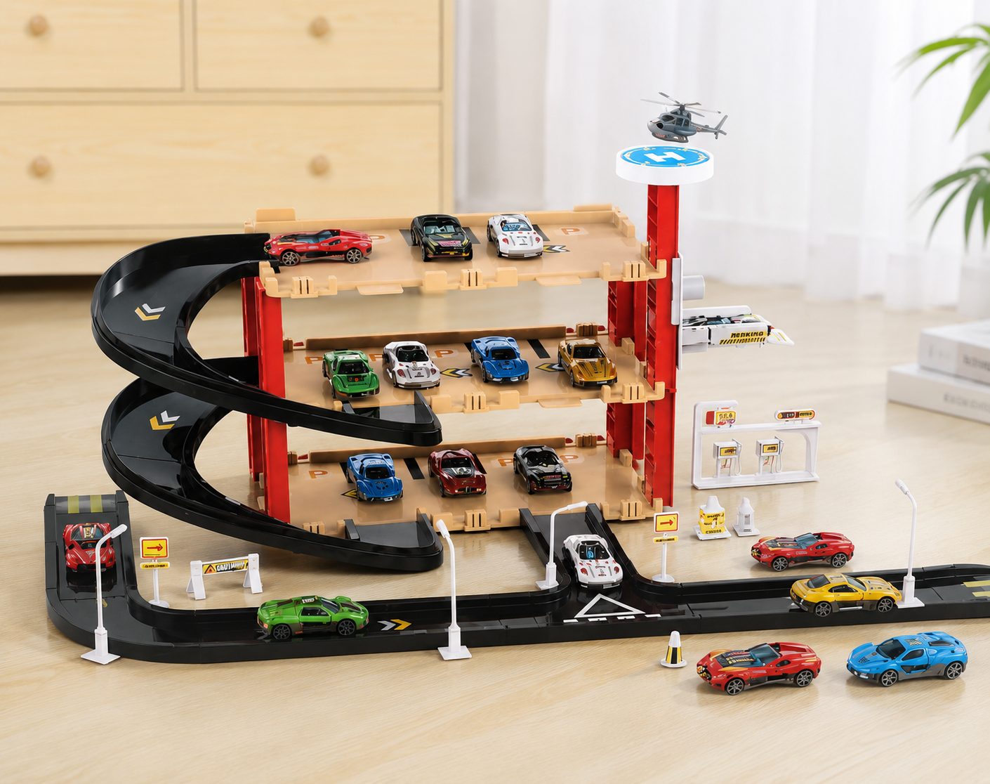4-level spiral parking garage playset for kids