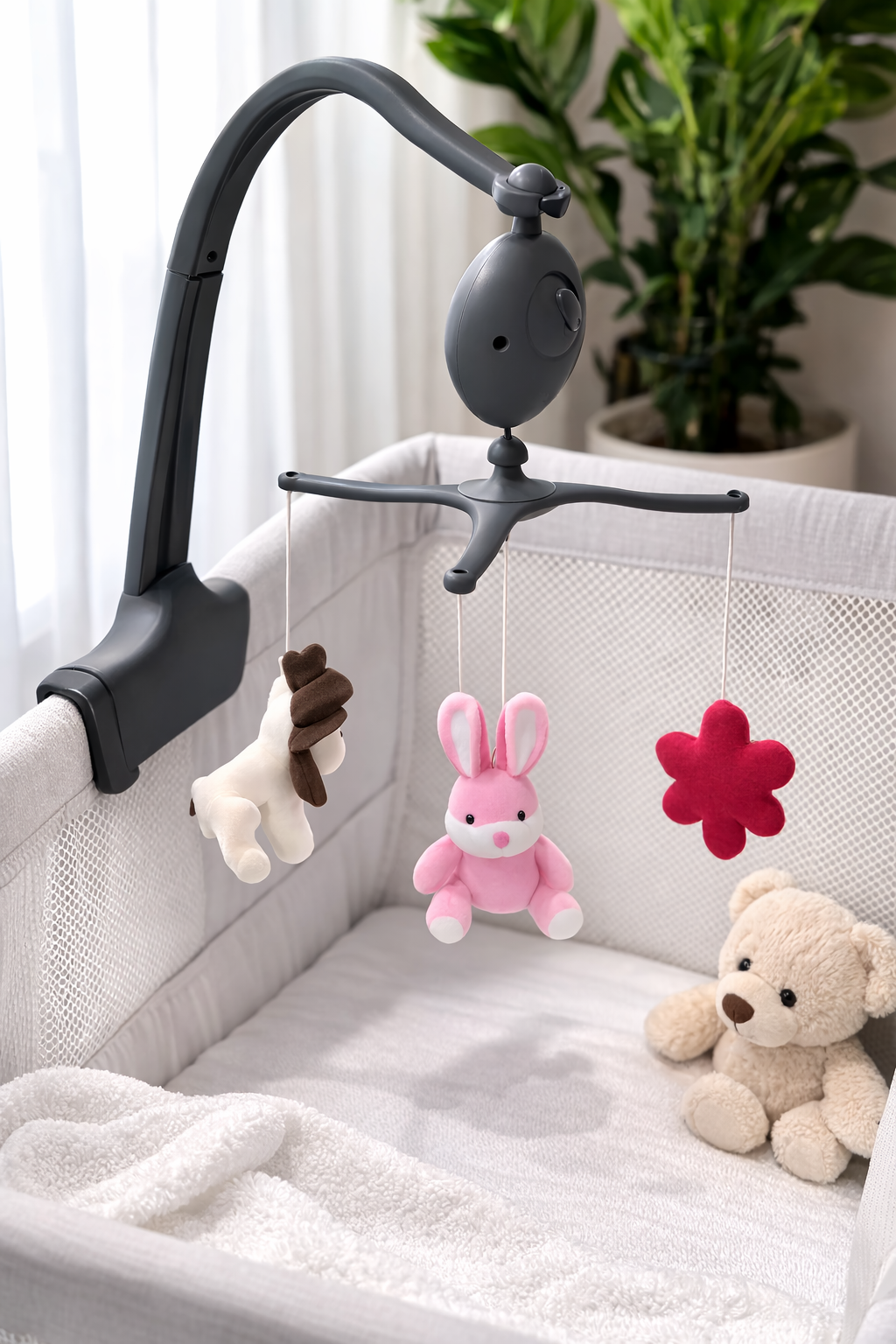 Musical Crib Mobile with Rotating Plush Toys – Wind-Up Baby Cot Mobile with Lullaby Music for Playpen, Bassinet & Crib