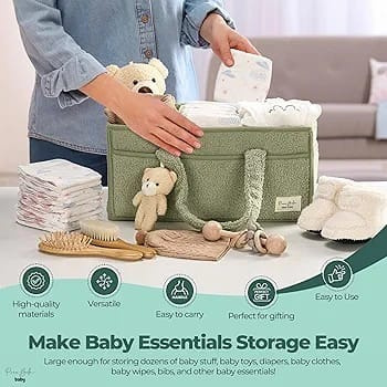 PeraBella Baby Diaper Caddy Organizer – Sage Green Plush Nursery Storage with Handles