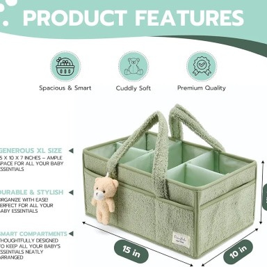 PeraBella Baby Diaper Caddy Organizer – Sage Green Plush Nursery Storage with Handles
