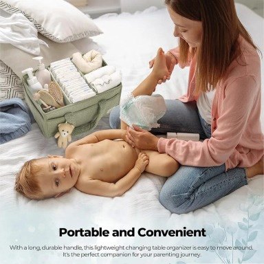 PeraBella Baby Diaper Caddy Organizer – Sage Green Plush Nursery Storage with Handles