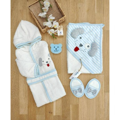 5-Piece Baby Bathrobe & Towel Gift Set – Blue Puppy Design, Soft Cotton