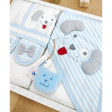 5-Piece Baby Bathrobe & Towel Gift Set – Blue Puppy Design, Soft Cotton