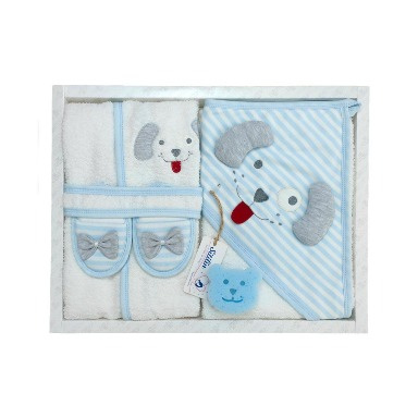 5-Piece Baby Bathrobe & Towel Gift Set – Blue Puppy Design, Soft Cotton