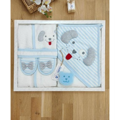 5-Piece Baby Bathrobe & Towel Gift Set – Blue Puppy Design, Soft Cotton