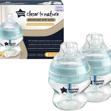 Tommee Tippee Advanced Anti-Colic Twin Pack – 2 x 150ml Baby Bottles | Breast-Like Nipple & Heat-Sensing
