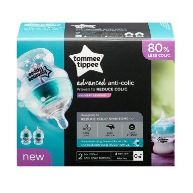 Tommee Tippee Advanced Anti-Colic Twin Pack – 2 x 150ml Baby Bottles | Breast-Like Nipple & Heat-Sensing