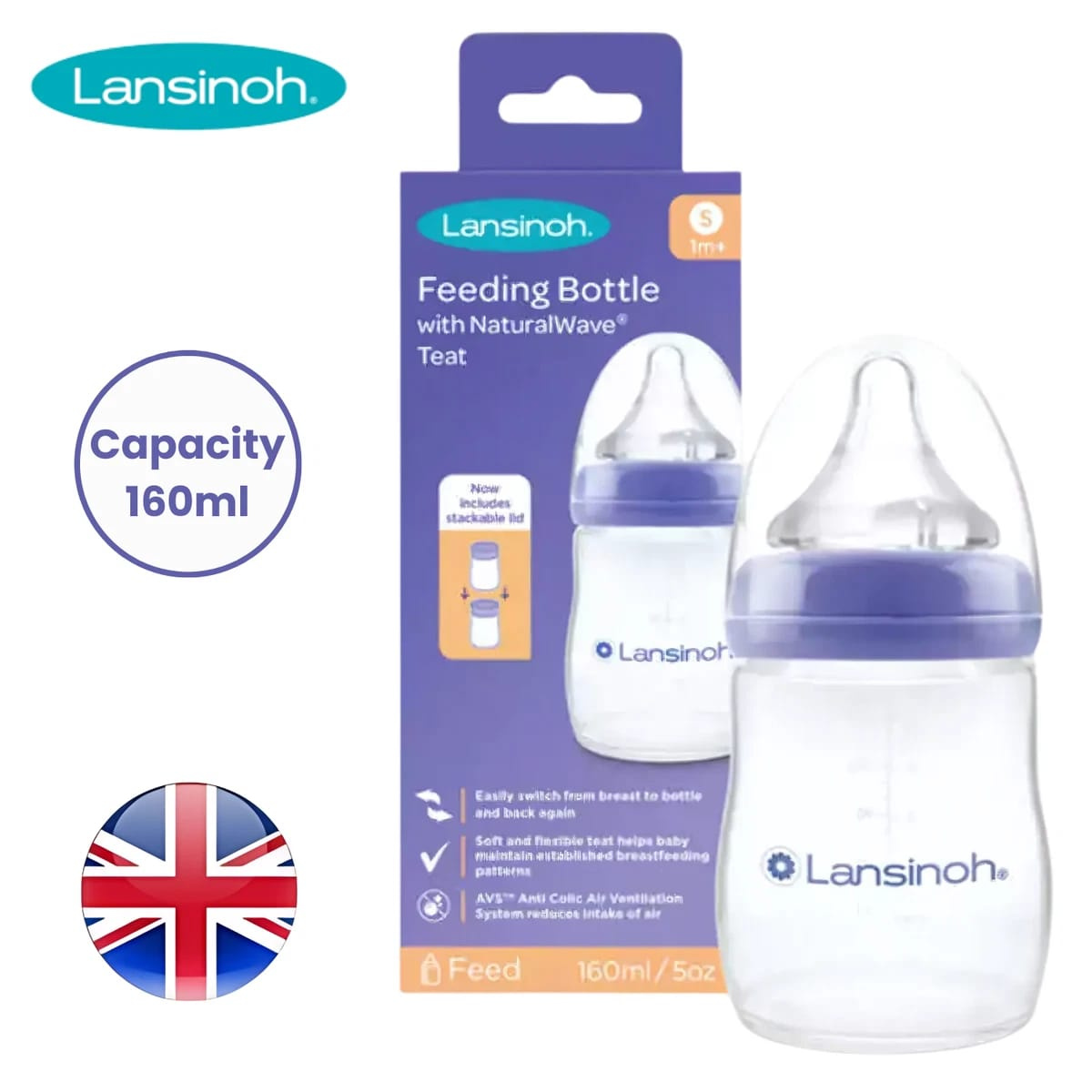 Lansinoh 160ml Feeding Bottle with NaturalWave Teat – Anti-Colic & BPA-Free