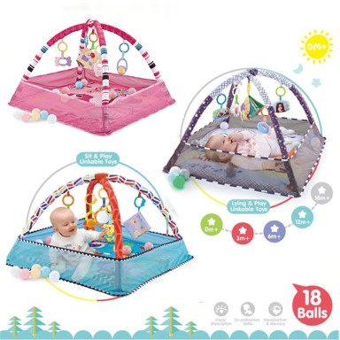 5-in-1 Baby Activity Gym & Foldable Play Mat with Ball Pit, Mesh Fence & 18 Ocean Balls