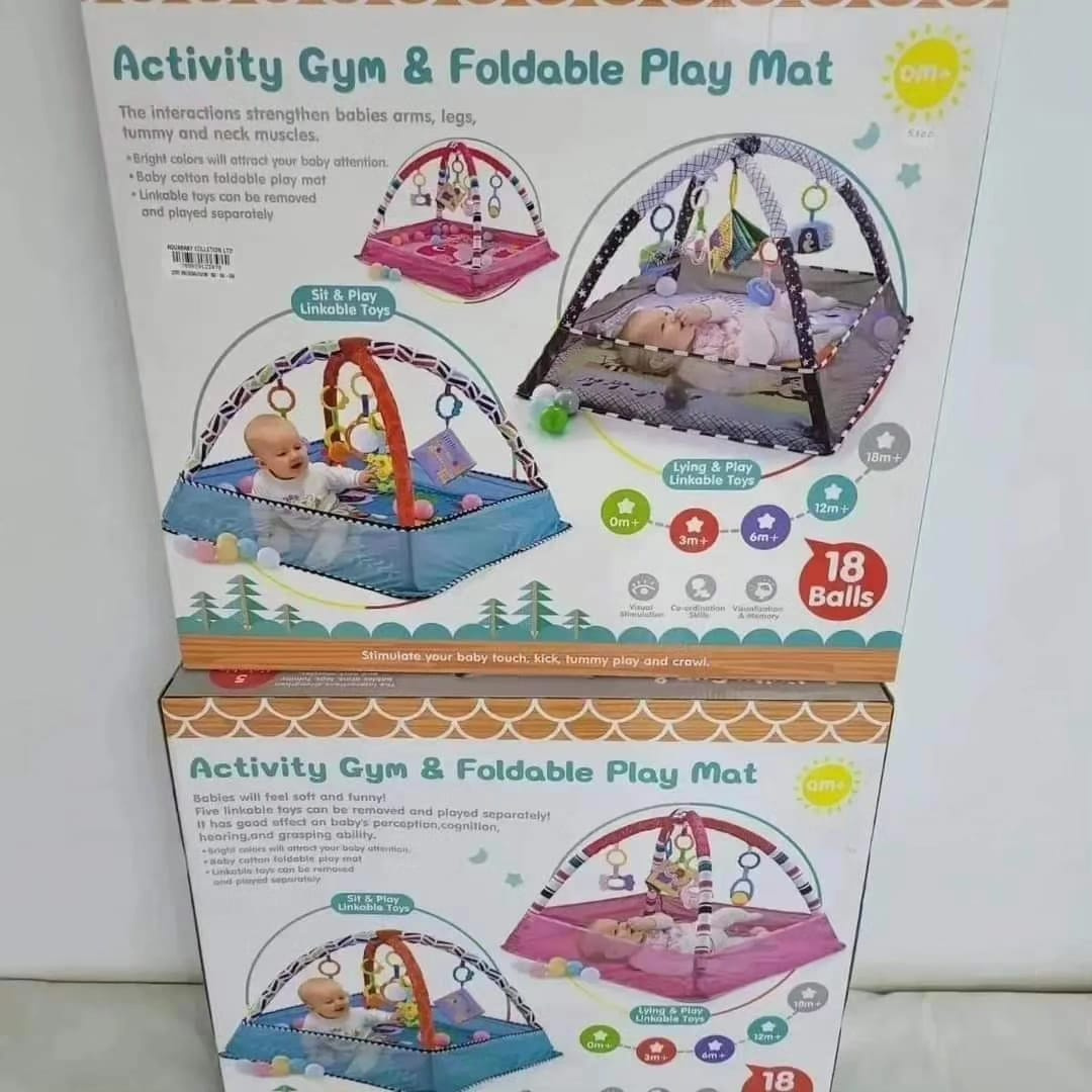 5-in-1 Baby Activity Gym & Foldable Play Mat with Ball Pit, Mesh Fence & 18 Ocean Balls