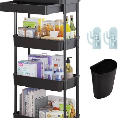 4-Tier Rolling Storage Rack with Wheels & Hooks – Multi-Purpose Kitchen, Bathroom & Laundry Organizer