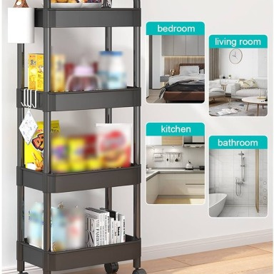 4-Tier Rolling Storage Rack with Wheels & Hooks – Multi-Purpose Kitchen, Bathroom & Laundry Organizer