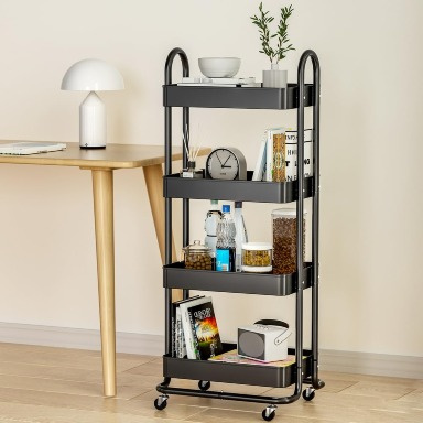 4-Tier Rolling Storage Rack with Wheels & Hooks – Multi-Purpose Kitchen, Bathroom & Laundry Organizer