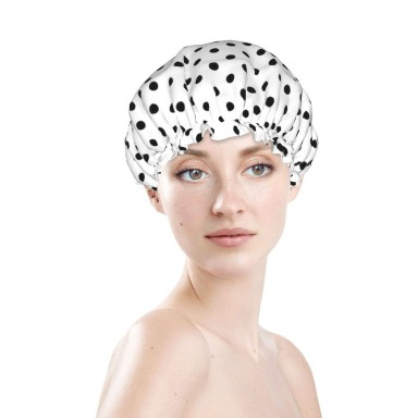 Waterproof Shower Cap – Reusable Polka Dot Hair Protection Cap (Black & White)
