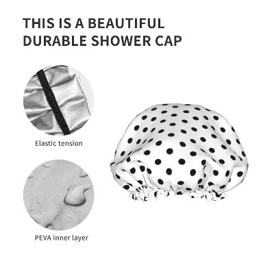 Waterproof Shower Cap – Reusable Polka Dot Hair Protection Cap (Black & White)