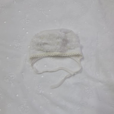 White Baby Bonnet Hat – Lace & Pearl Christening Cap