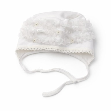 White Baby Bonnet Hat – Lace & Pearl Christening Cap