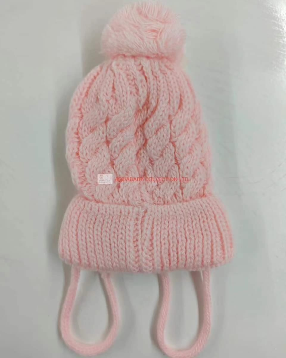 Baby Cable Knit Pompom Beanie – Soft Tie Hat for Newborns 0–6 Months