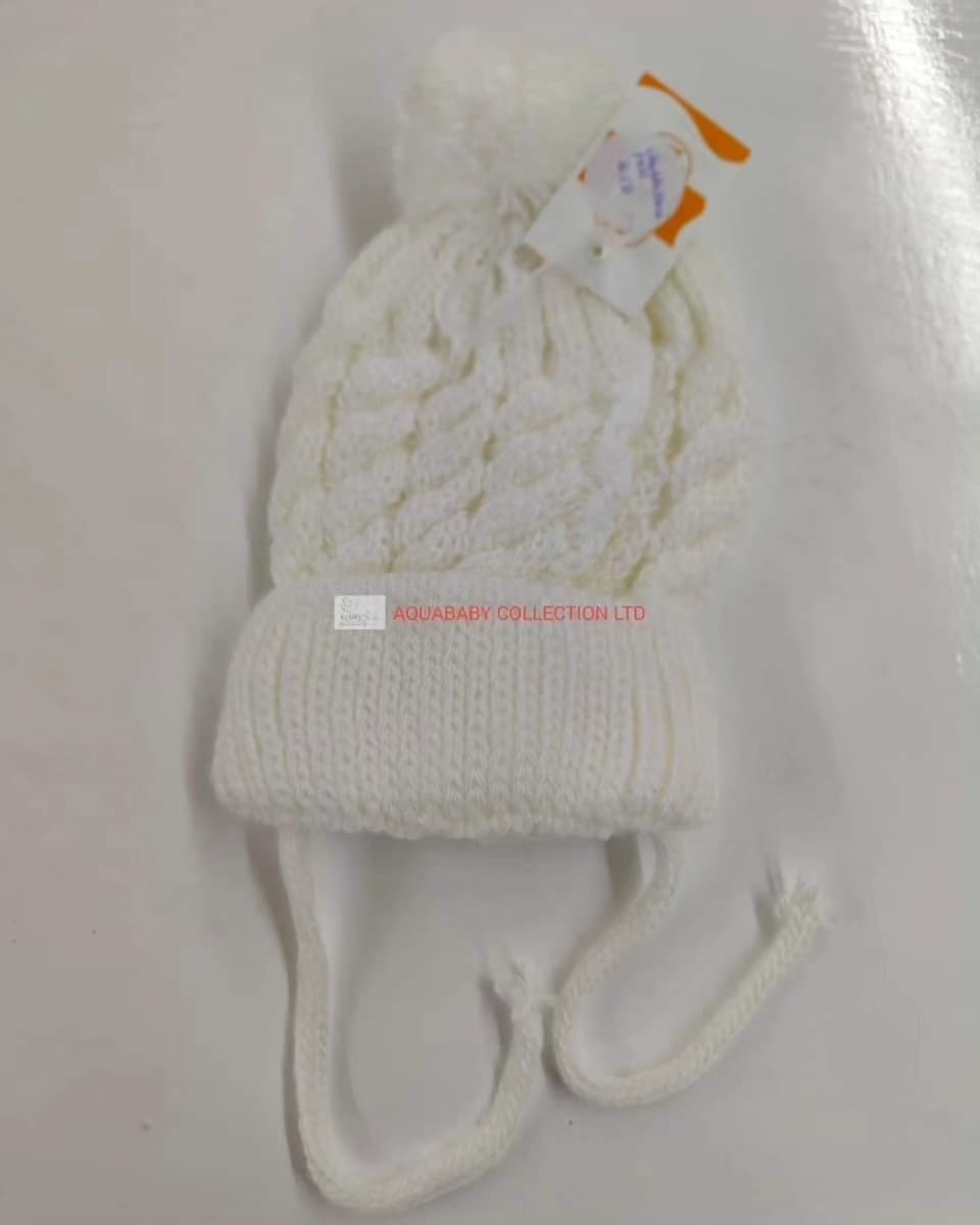 Baby Cable Knit Pompom Beanie – Soft Tie Hat for Newborns 0–6 Months