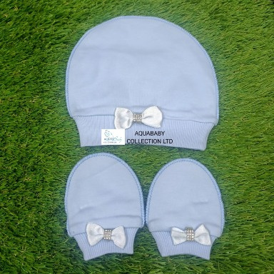 Baby Cap & Mittens Set – Cotton Newborn Hat with Bow & Rhinestone