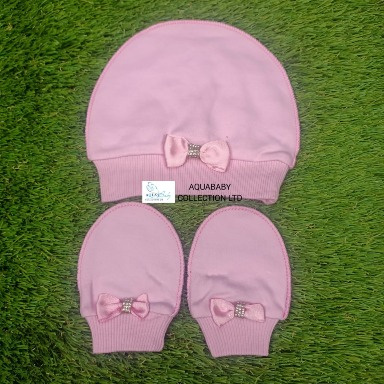Baby Cap & Mittens Set – Cotton Newborn Hat with Bow & Rhinestone