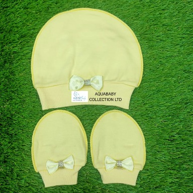Baby Cap & Mittens Set – Cotton Newborn Hat with Bow & Rhinestone