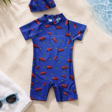 Aquababy Boys' Cars One-Piece Swimsuit with Swim Cap Set