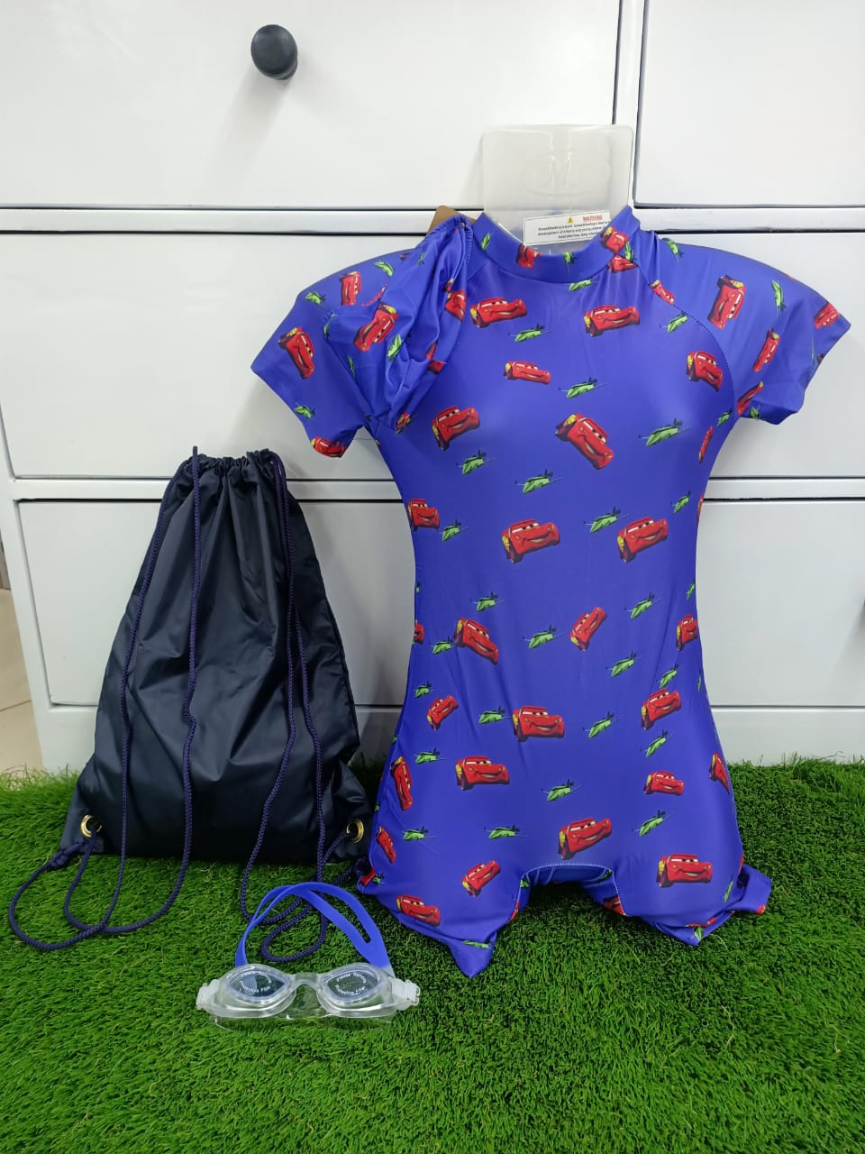 Aquababy Boys' Cars One-Piece Swimsuit with Swim Cap Set