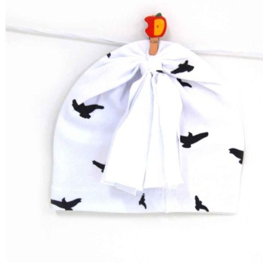 Baby Beanie Hat – Black Flying Bird Knot-Top Cotton Hat for Newborns