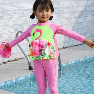 Children's Float Swimsuit with Removable Floats – Floral & Flamingo Design