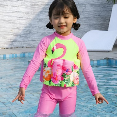 Children's Float Swimsuit with Removable Floats – Floral & Flamingo Design