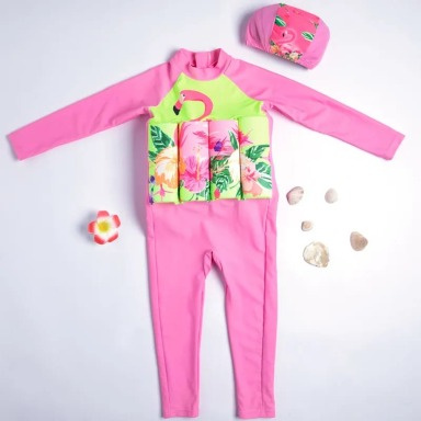 Children's Float Swimsuit with Removable Floats – Floral & Flamingo Design