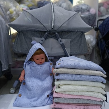 Baby Boy Knitted Swaddle Blanket with Hood & Buttons – Soft Newborn Wrap