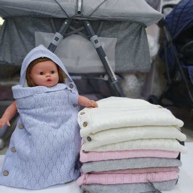 Baby Boy Knitted Swaddle Blanket with Hood & Buttons – Soft Newborn Wrap