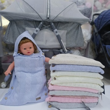 Baby Boy Knitted Swaddle Blanket with Hood & Buttons – Soft Newborn Wrap